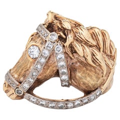 Vintage Horse Ring Diamond 14k Yellow Gold Animal Jewelry Equestrian