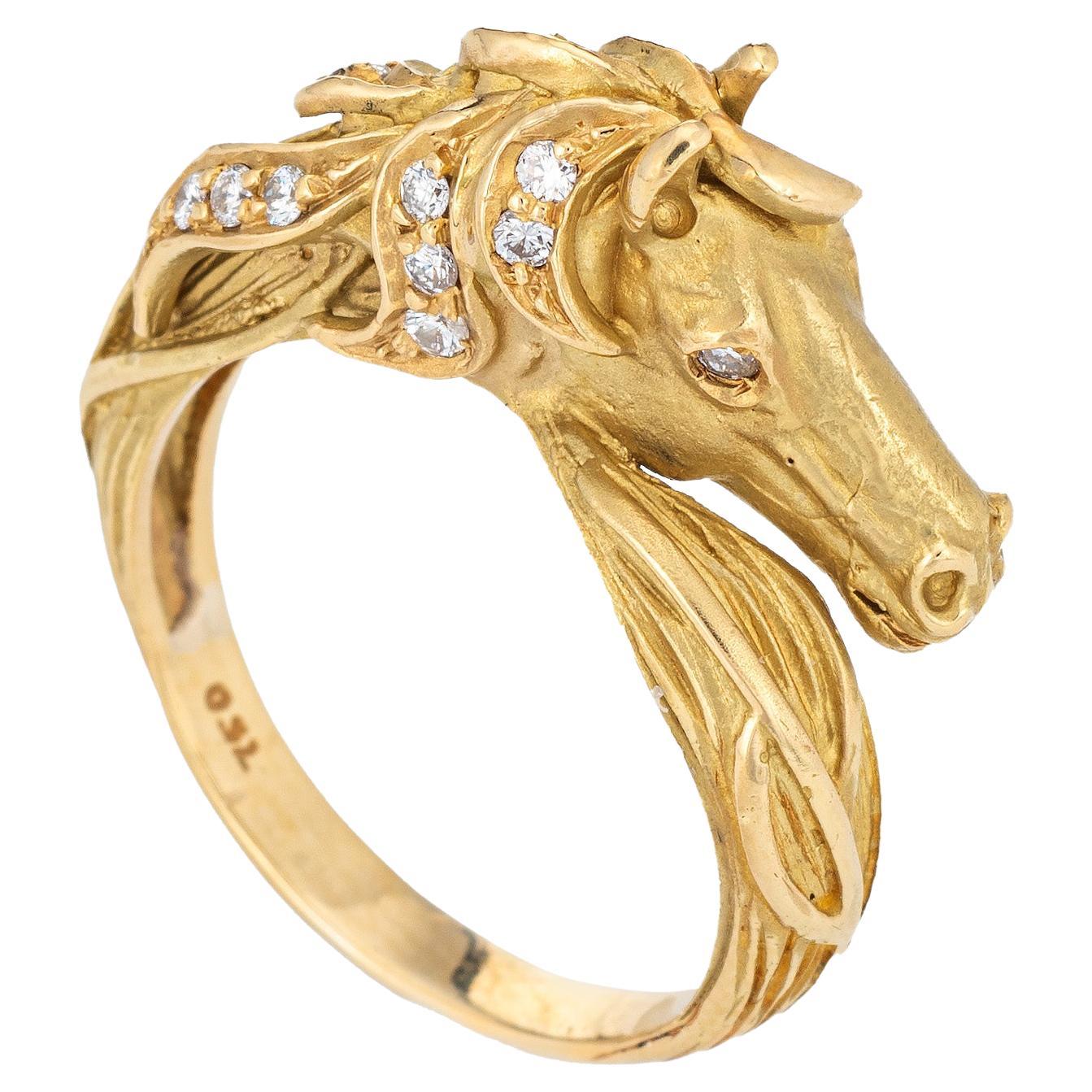 Vintage Horse Ring Diamond 18k Yellow Gold Fine Animal Equestrian Jewelry