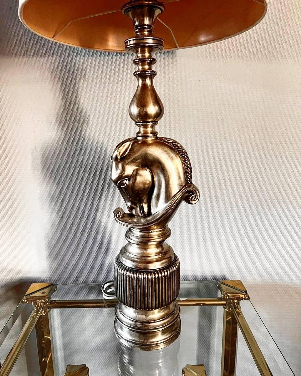 Late 20th Century Vintage Horse Table Lamp in Brass With Shade, France, 1970s For Sale