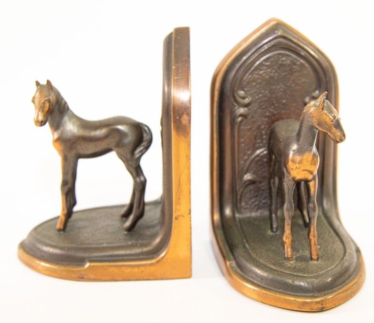 American Vintage Arabian Horses Copper Bronze Bookends Equestrian Decor Art Nouveau Style For Sale