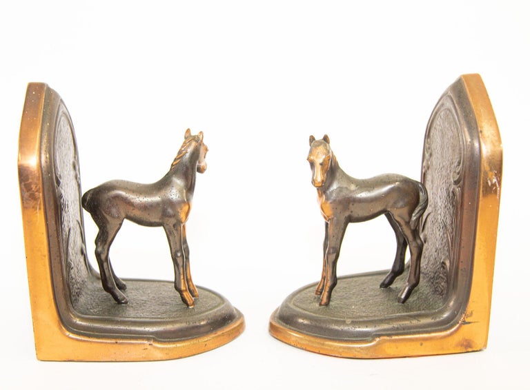Cast Vintage Arabian Horses Copper Bronze Bookends Equestrian Decor Art Nouveau Style For Sale