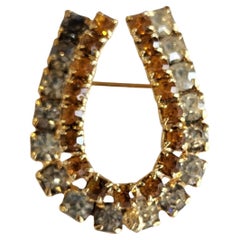 Vintage Horseshoe Gold-Tone Brooch With Multi-Tone Rhinestones