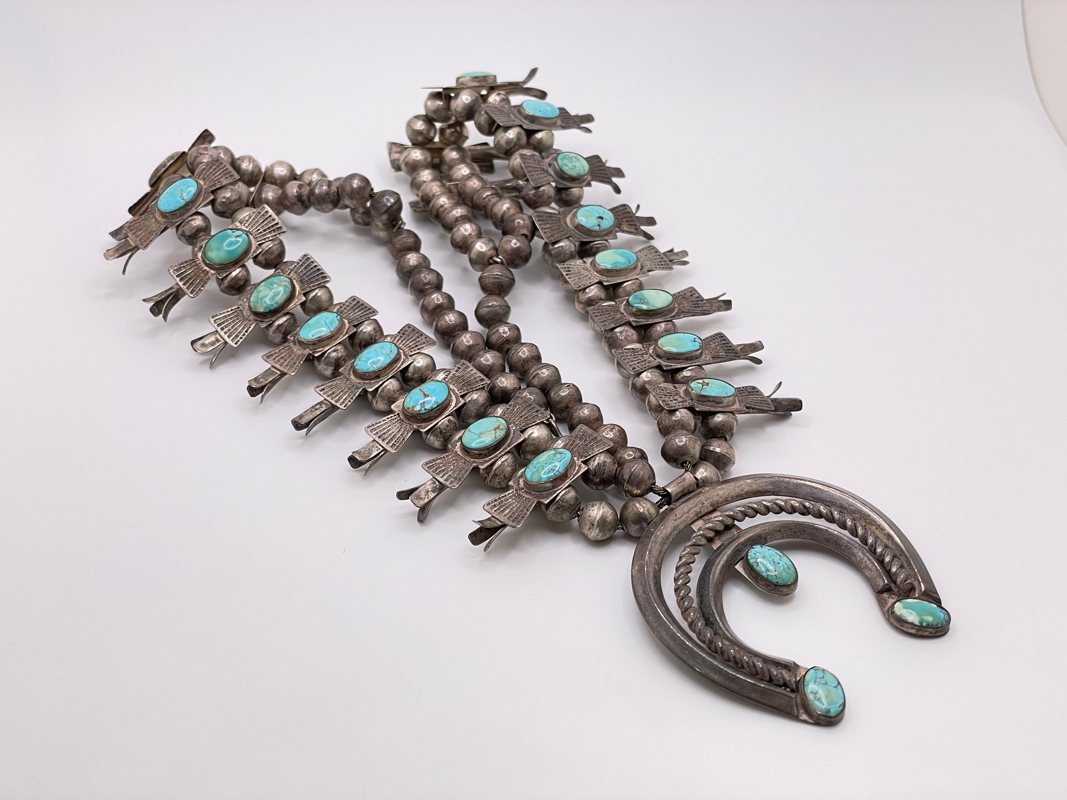 Vintage Horseshoe Native American Navajo Sterling Silver Squash Blossom Necklace im Angebot 7