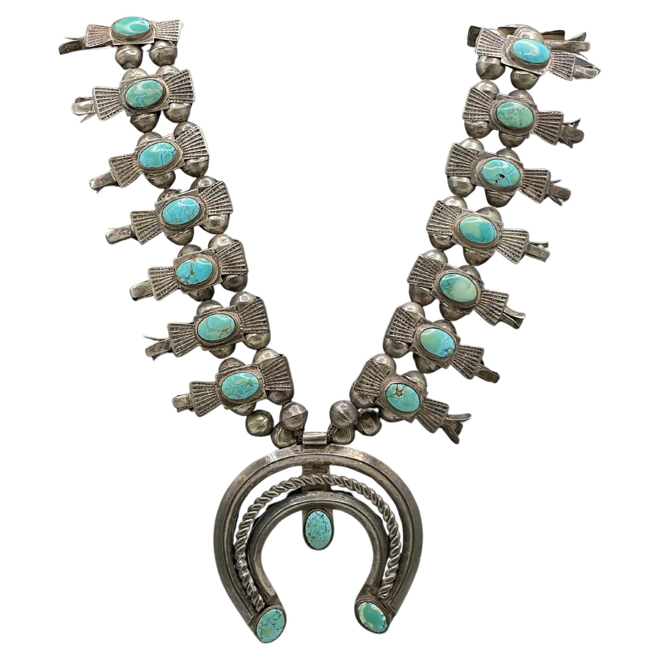 Vintage Horseshoe Native American Navajo Sterling Silver Squash Blossom Necklace