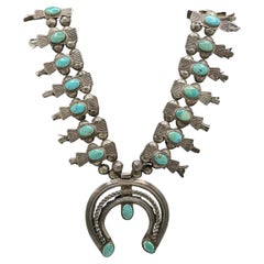Vintage Horseshoe Native American Navajo Sterling Silver Squash Blossom Necklace