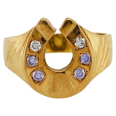 Vintage Horseshoe Ring w Four Amethyst 14 Karat Yellow Gold Good Luck size 8 US
