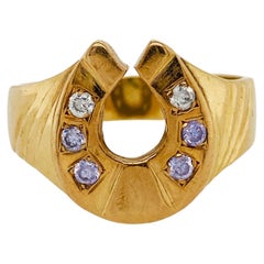 Anello portafortuna d'epoca a ferro di cavallo con ametista e zaffiro bianco in oro giallo 14K