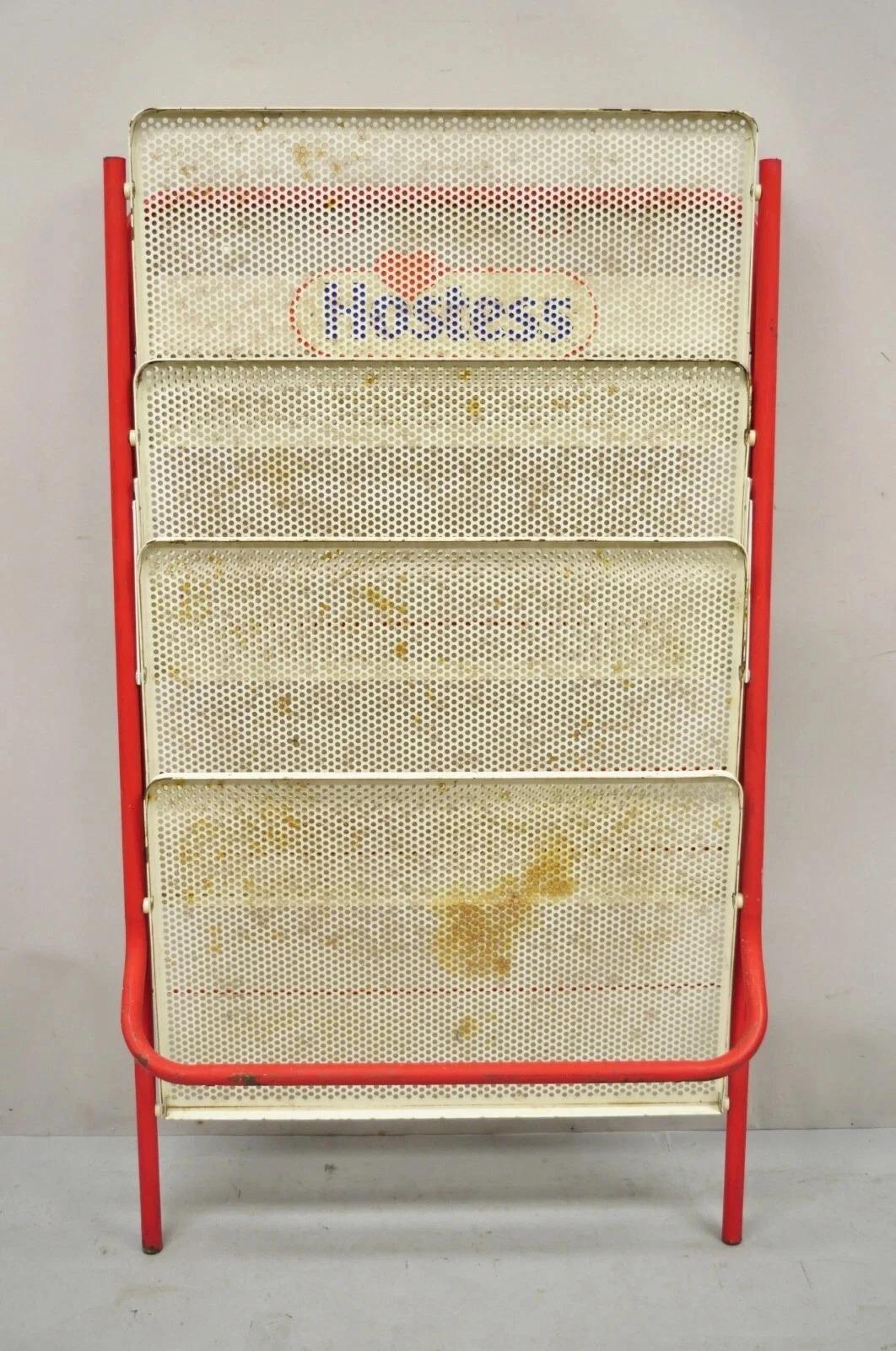 Vintage Hostess Red Metal Perforated 4 Shelf Folding Display Shelf Stand For Sale 4