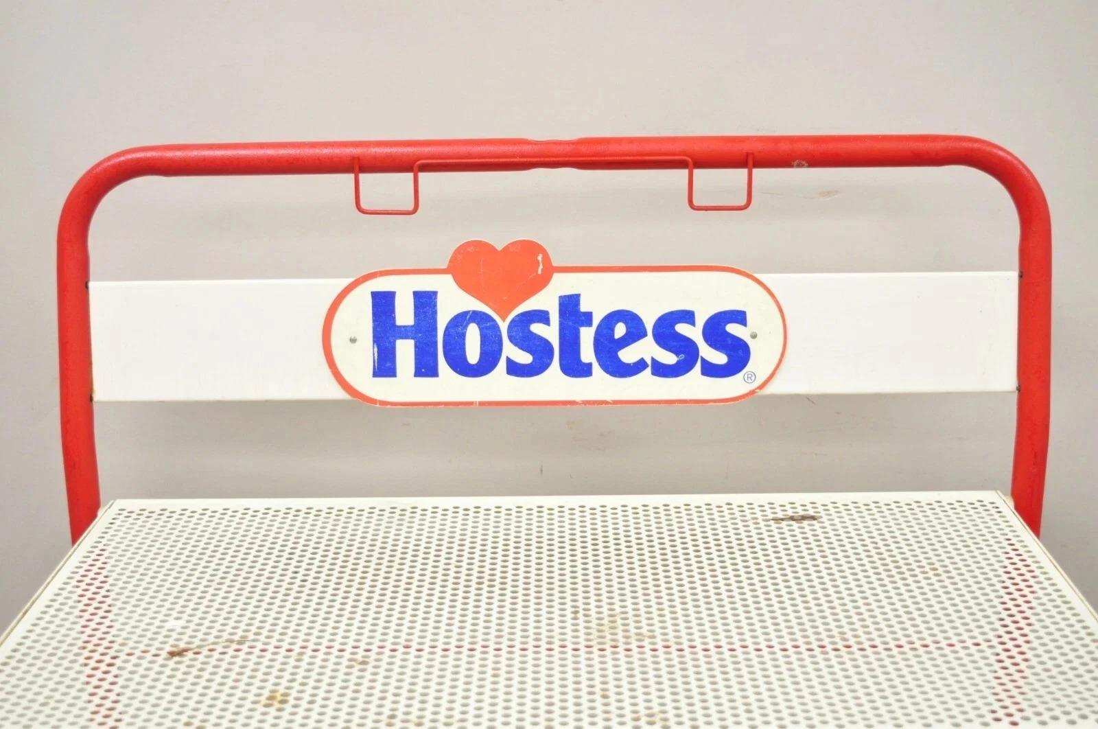 Unknown Vintage Hostess Red Metal Perforated 4 Shelf Folding Display Shelf Stand For Sale