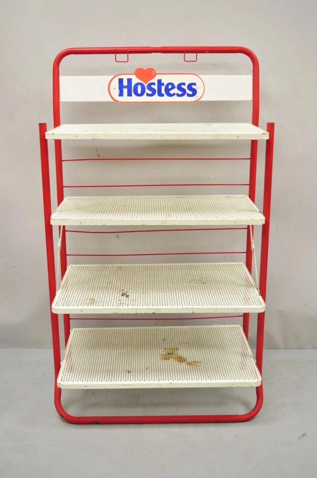 Vintage Hostess Red Metal Perforated 4 Shelf Folding Display Shelf Stand In Good Condition For Sale In Philadelphia, PA