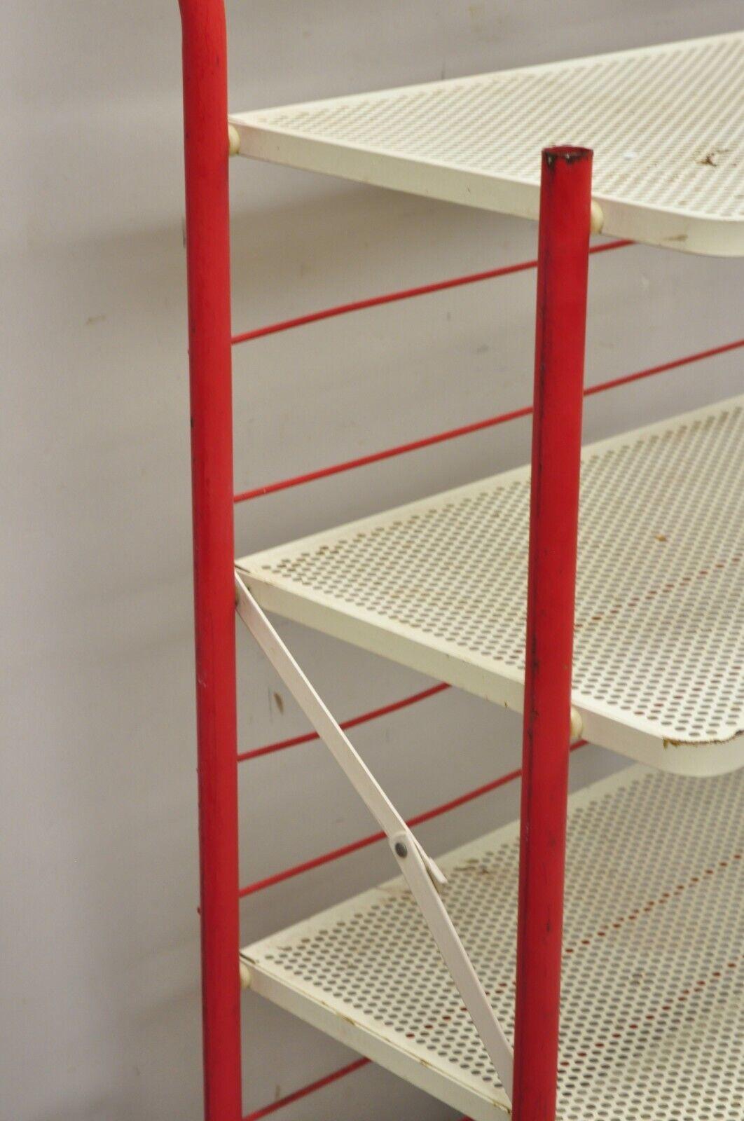 Mid-Century Modern Vintage Hostess Red Metal Perforated 4 Shelf Folding Display Shelf Stand For Sale