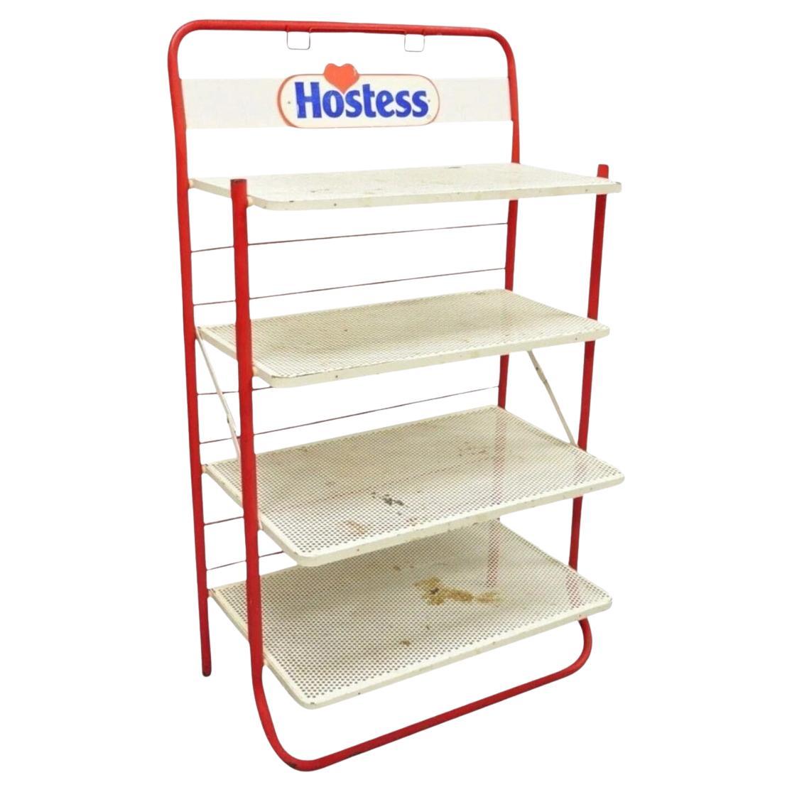 Vintage Hostess Red Metal Perforated 4 Shelf Folding Display Shelf Stand For Sale