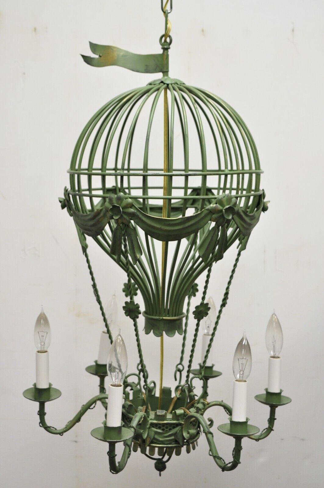 Vintage Hot Air Balloon chandelier green Italian tole metal light fixture. Item features a hot air balloon frame, 6 lights, very nice vintage item, great style and form. Circa late 20th century. Measurements: 31