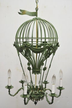 Vintage Hot Air Balloon Chandelier Green Italian Tole Metal Light Fixture