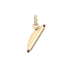 Vintage Hot Dog Charm 14k Yellow Gold Pendant Red Yellow Enamel Food Estate