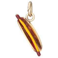 Vintage Hot Dog Charm 14k Yellow Gold Pendant Red Yellow Enamel Food Estate