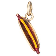 Charm Hot Dog d'epoca in oro giallo 14k Ciondolo con smalto giallo rosso Gioielli sul cibo