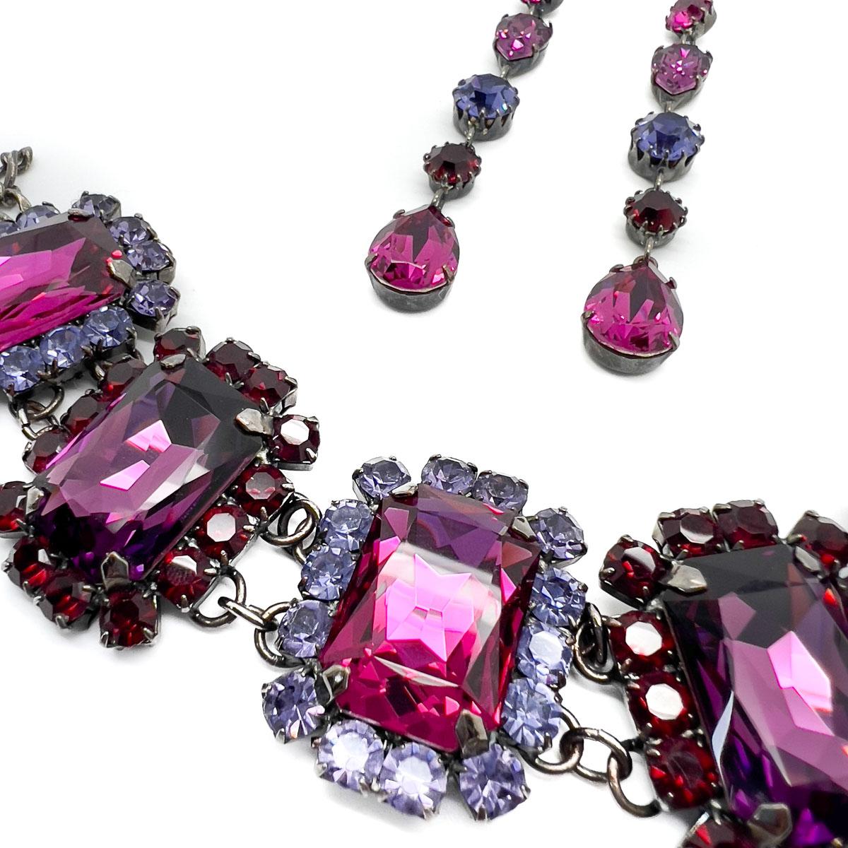Women's Vintage Hot Pink & Amethyst Crystal Bracelet & Drop Earrings 1980s For Sale
