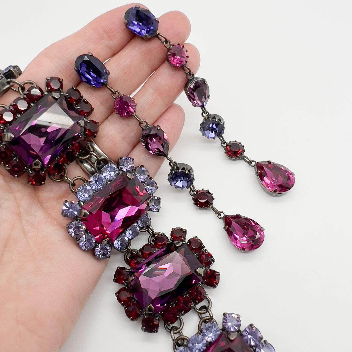 Vintage Hot Pink & Amethyst Crystal Bracelet & Drop Earrings 1980s For Sale 1