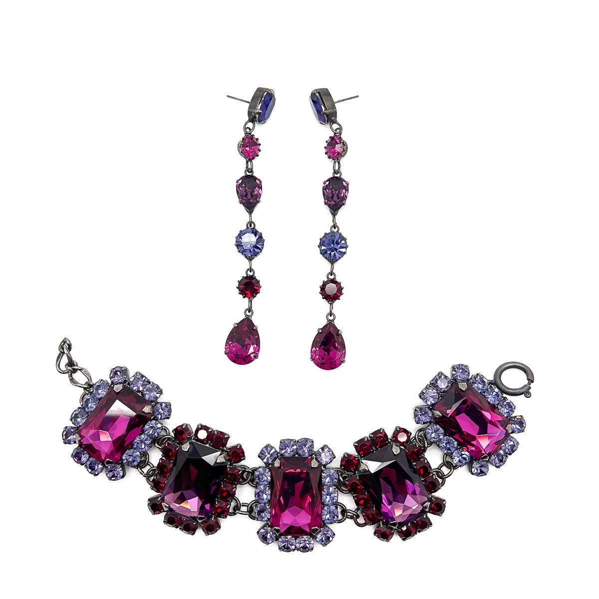 Vintage Hot Pink & Amethyst Crystal Bracelet & Drop Earrings 1980s For Sale 2
