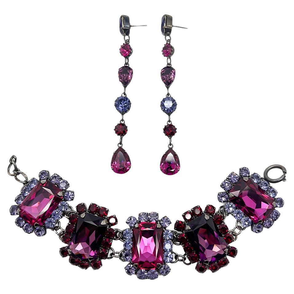 Vintage Hot Pink & Amethyst Crystal Bracelet & Drop Earrings 1980s For Sale