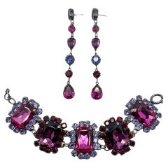 Vintage Hot Pink & Amethyst Crystal Bracelet & Drop Earrings 1980s