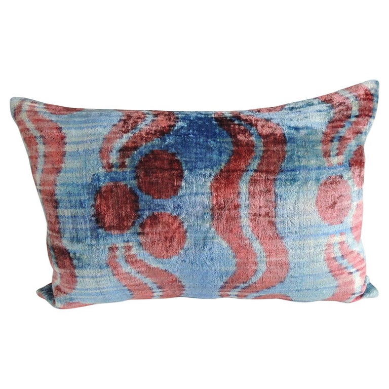 Vintage Hot Pink and Aqua Silk Velvet Ikat Long Bolster Decorative