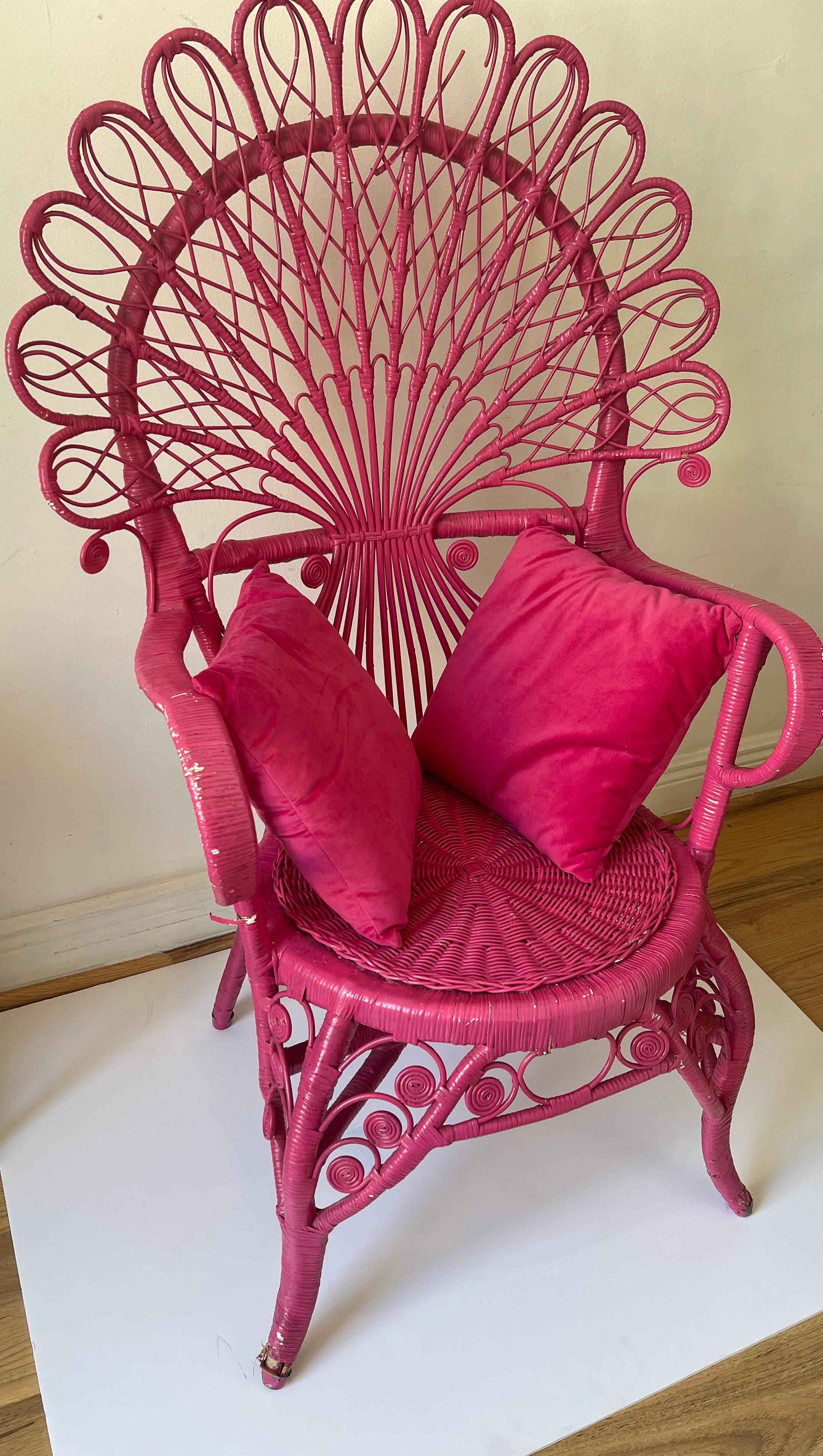 Mid-Century Modern Vintage Hot Pink Peacock Wicker Chair w Pillows For Sale