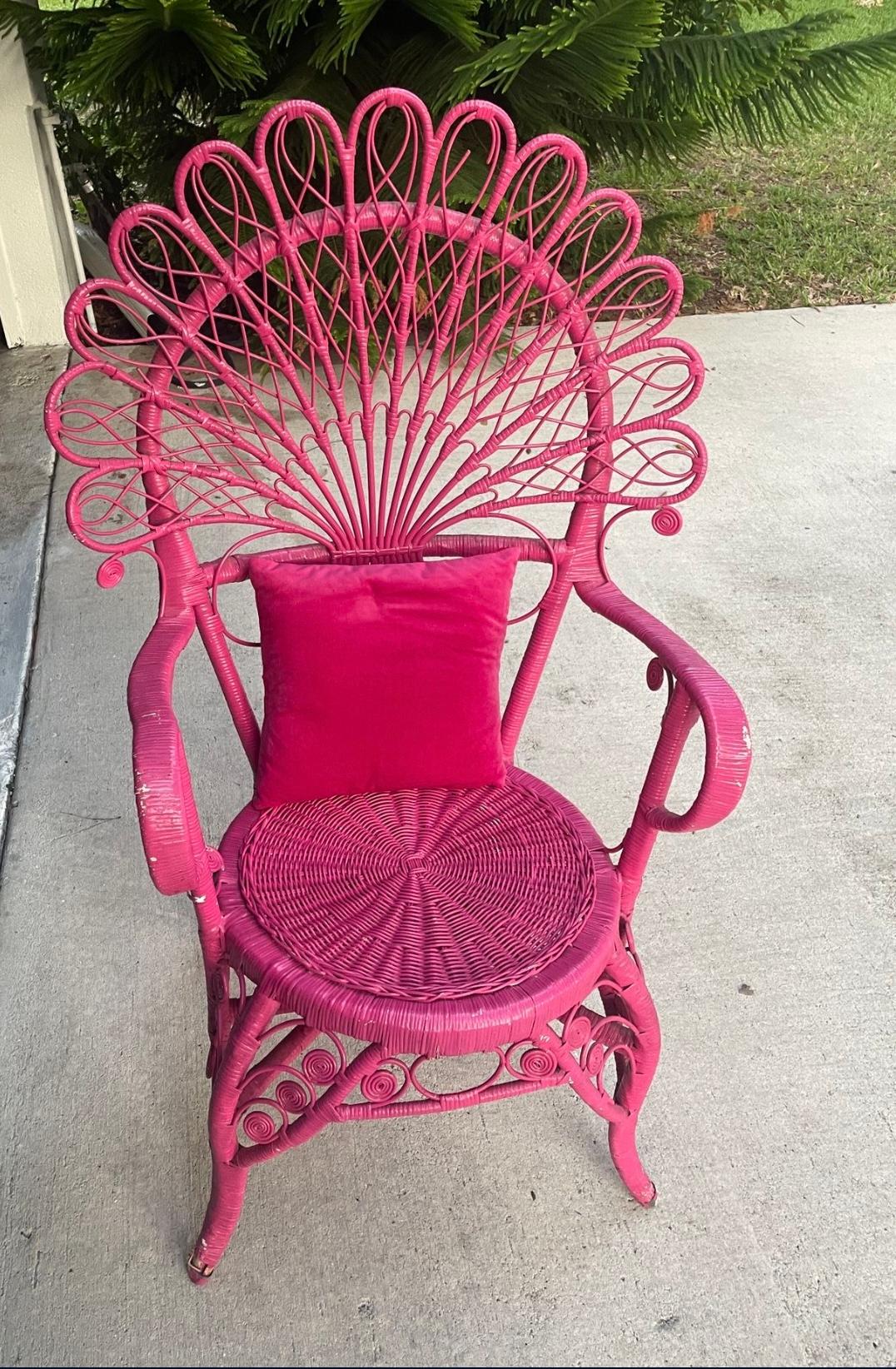 Mid-20th Century Vintage Hot Pink Peacock Wicker Chair w Pillows For Sale