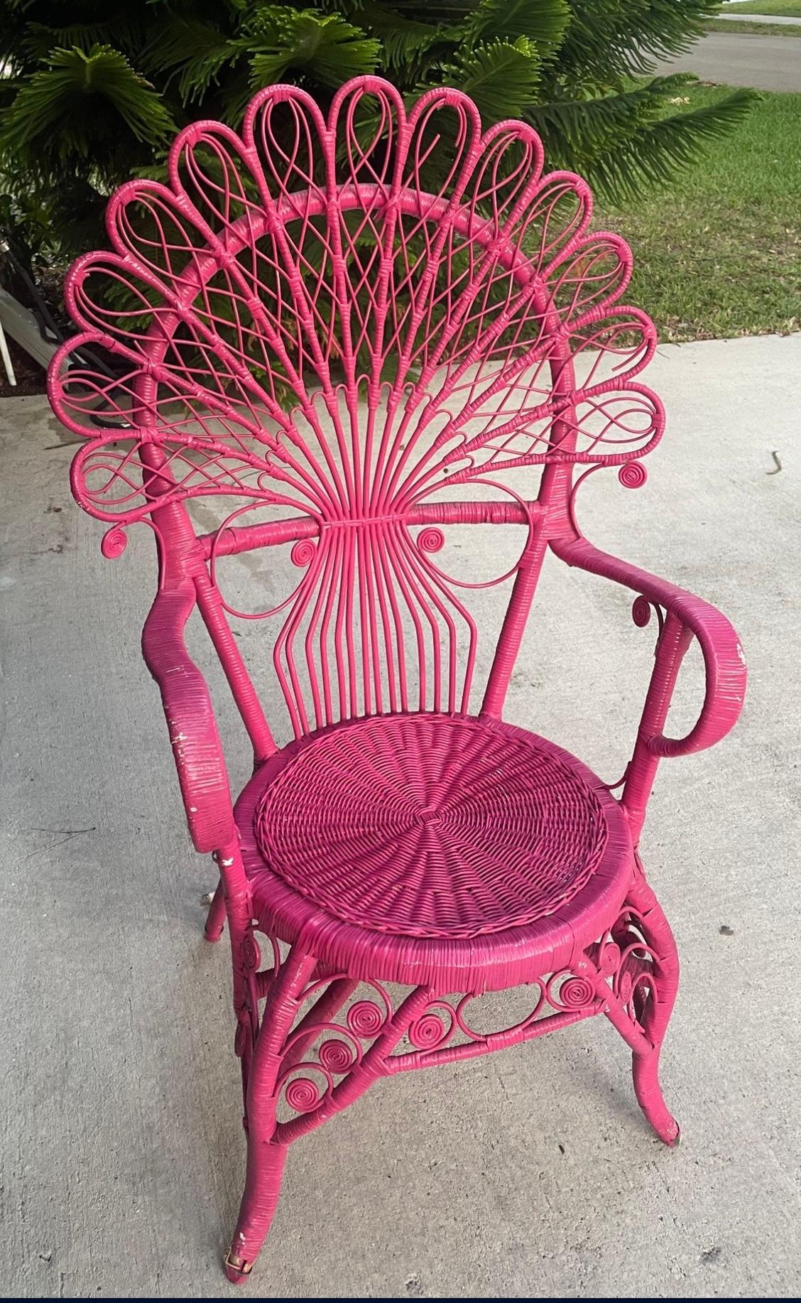 Vintage Hot Pink Peacock Wicker Chair w Pillows For Sale 1