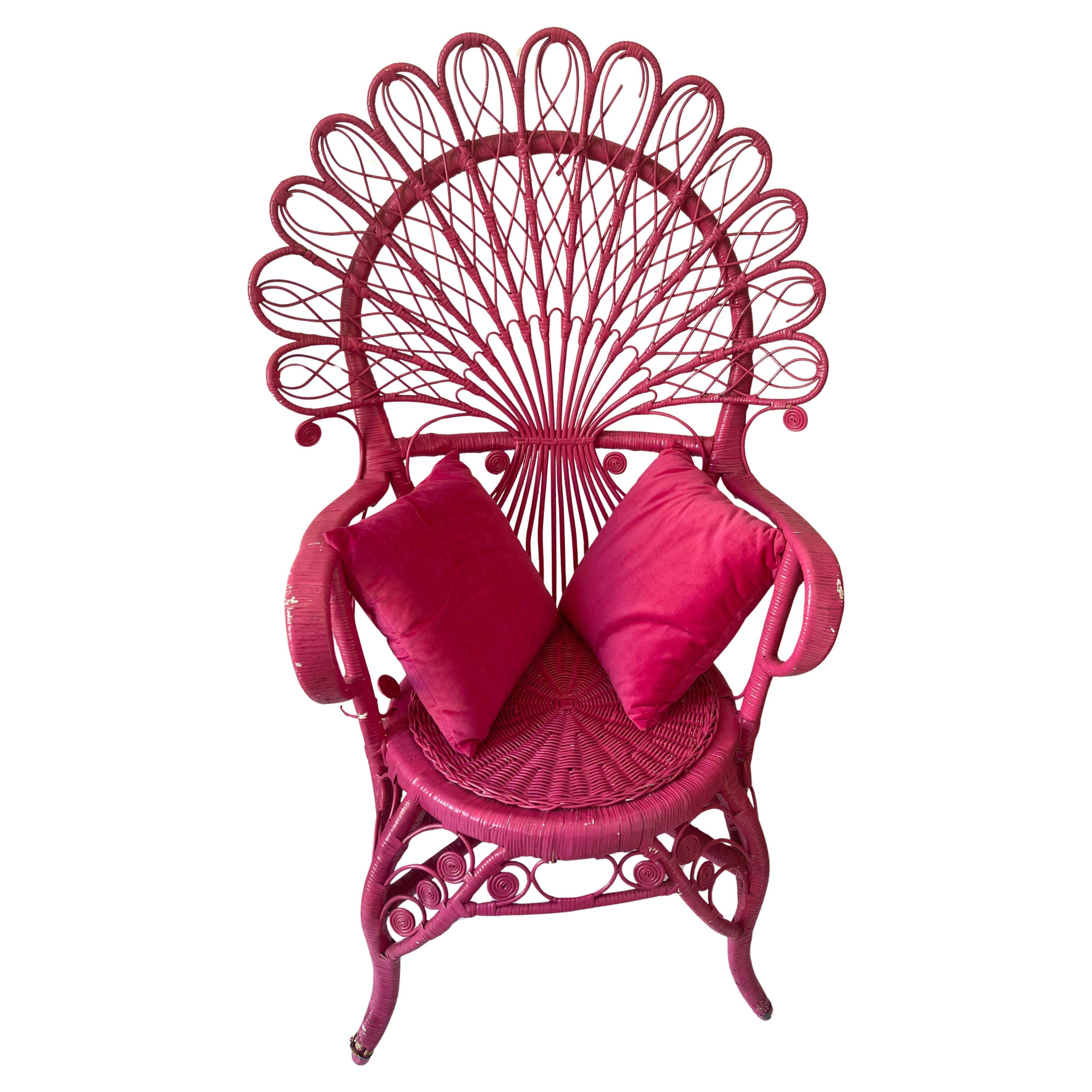 Vintage Hot Pink Peacock Wicker Chair w Pillows For Sale