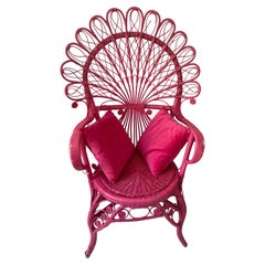 Vintage Hot Pink Peacock Wicker Chair w Pillows