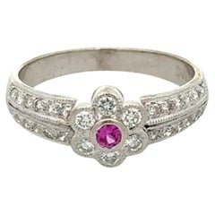 Vintage Hot Pink Sapphire and Diamond Flower Design Gold Ring