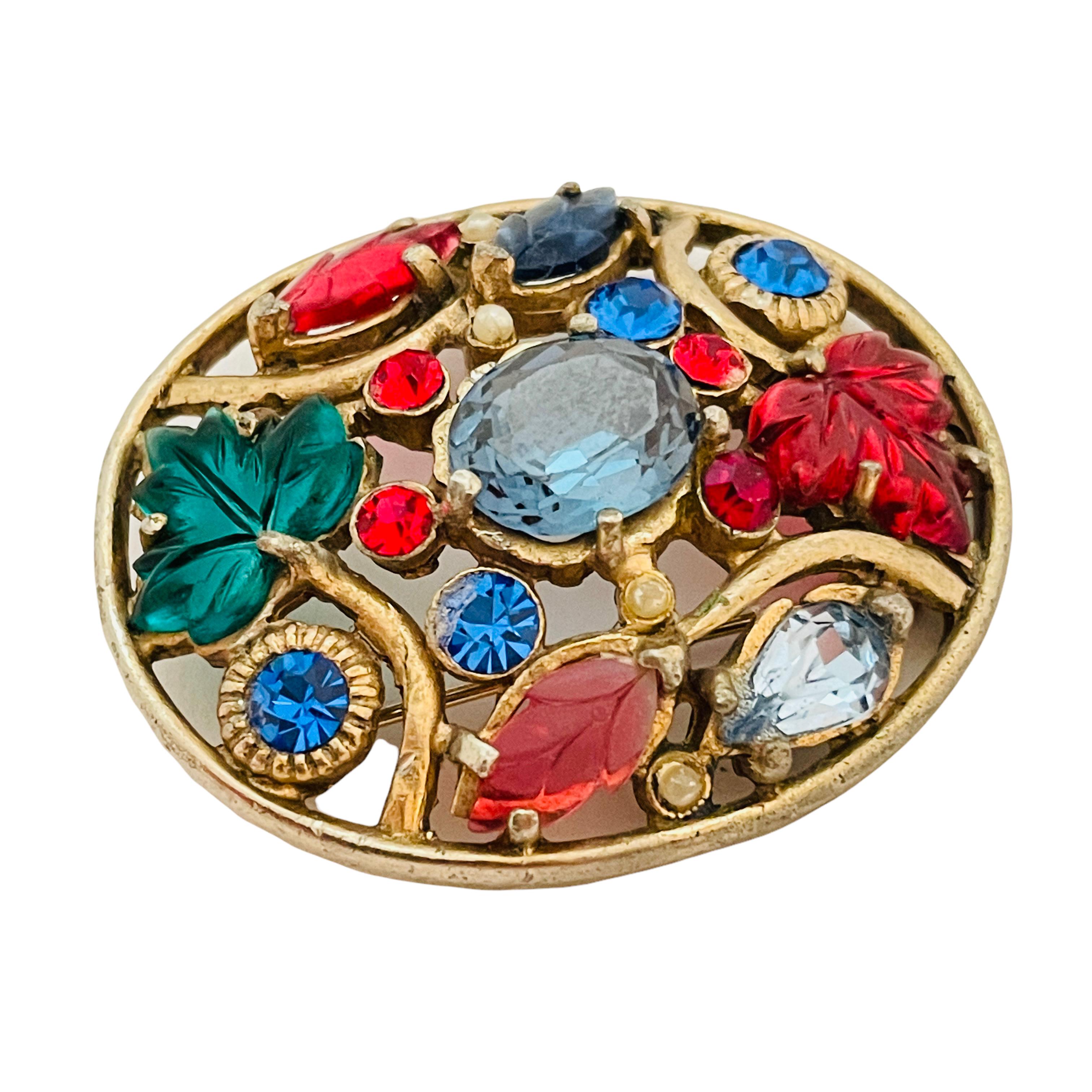 Vintage house of SCHRAGER FIFTH AVENUE gold glass designer runway brooch In Good Condition For Sale In Palos Hills, IL