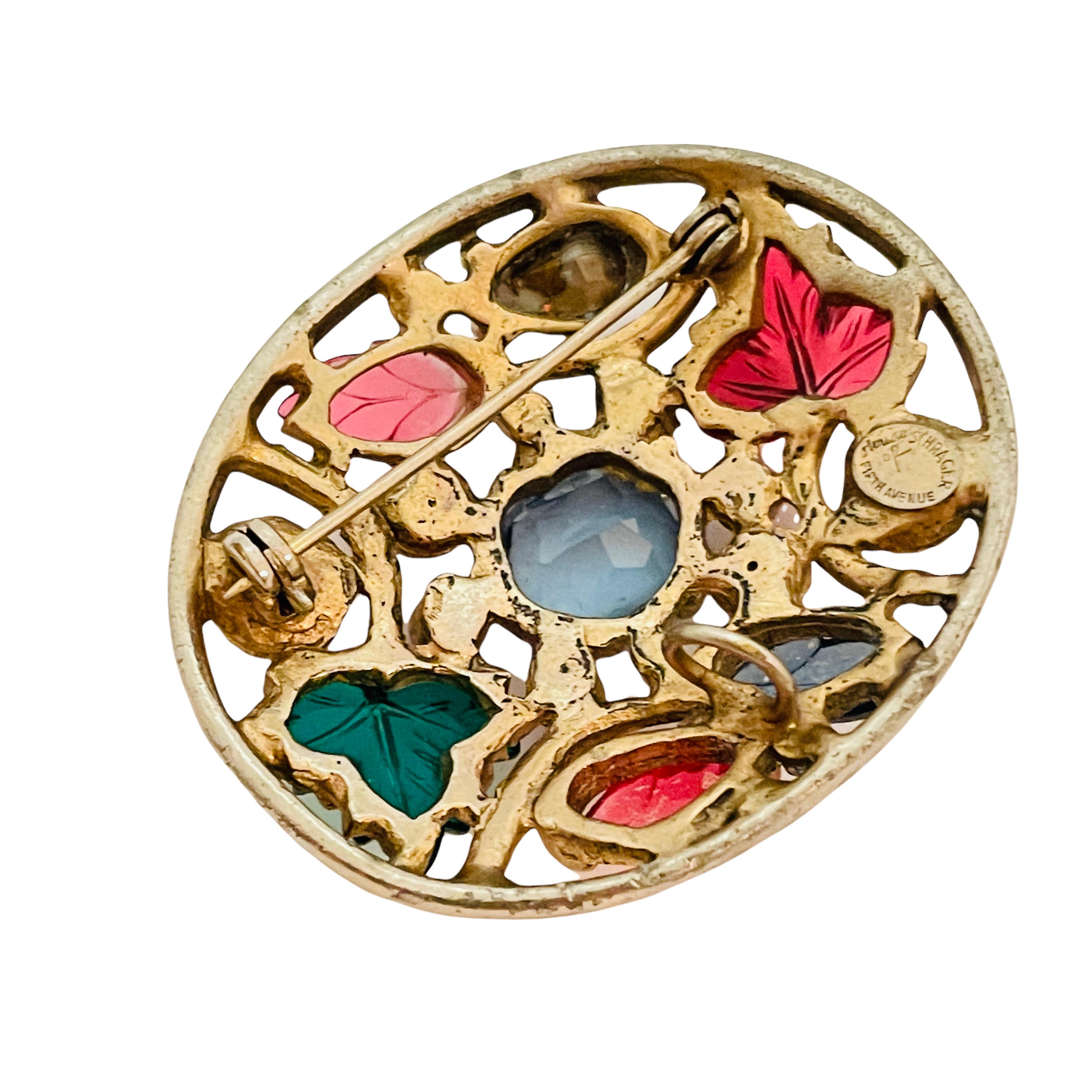 Women's Vintage house of SCHRAGER FIFTH AVENUE gold glass designer runway brooch For Sale