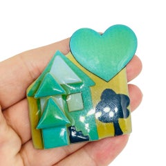 Vintage HOUSE PINS by LUCINDA black green heart resin designer brooch