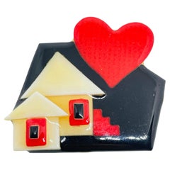 Vintage HOUSE PINS by LUCINDA broche de diseño de resina con corazón rojo blanco negro