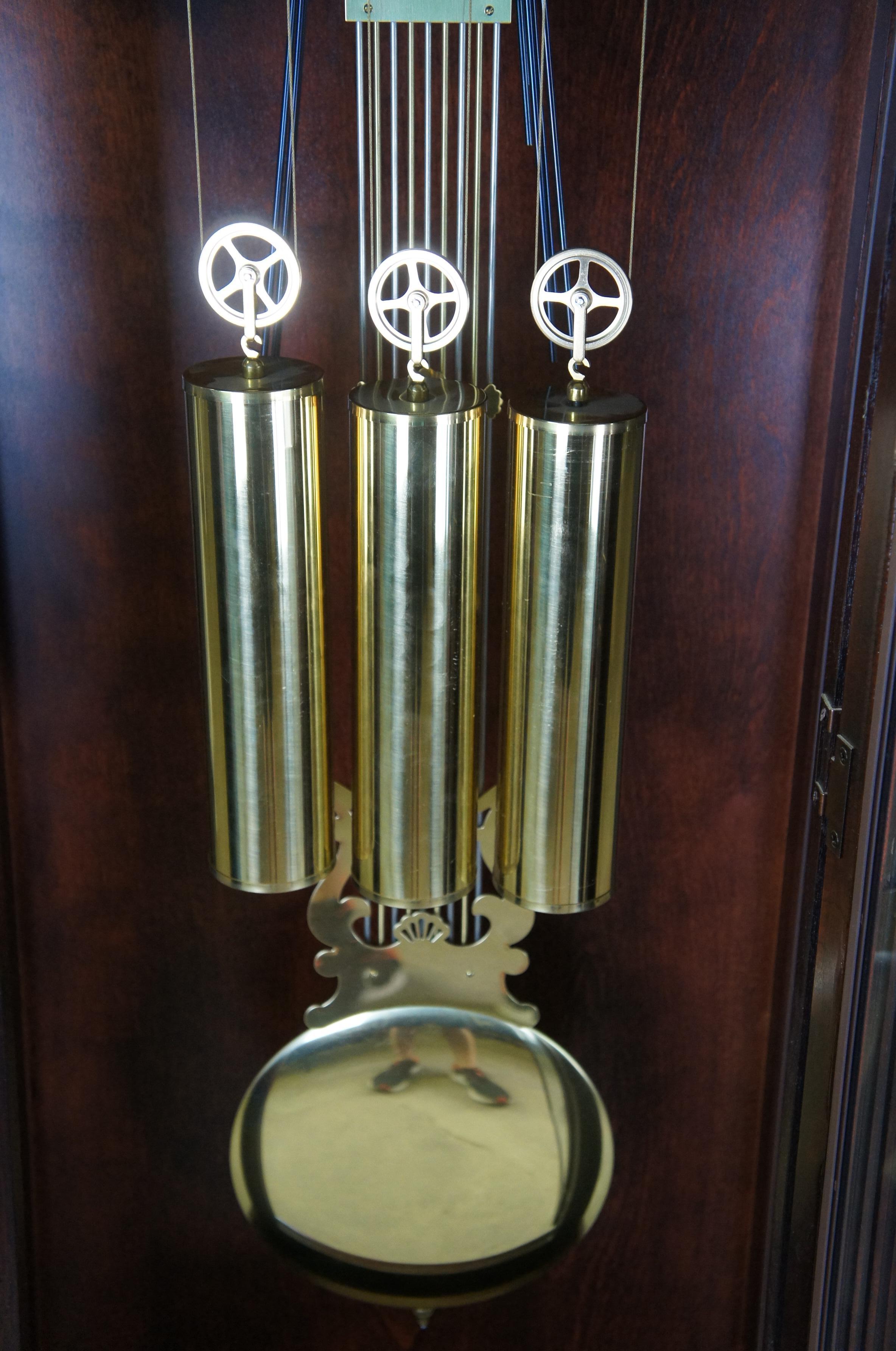20th Century Vintage Howard Miller Mahogany Grandfather Clock Open Pediment Moon Dial 80
