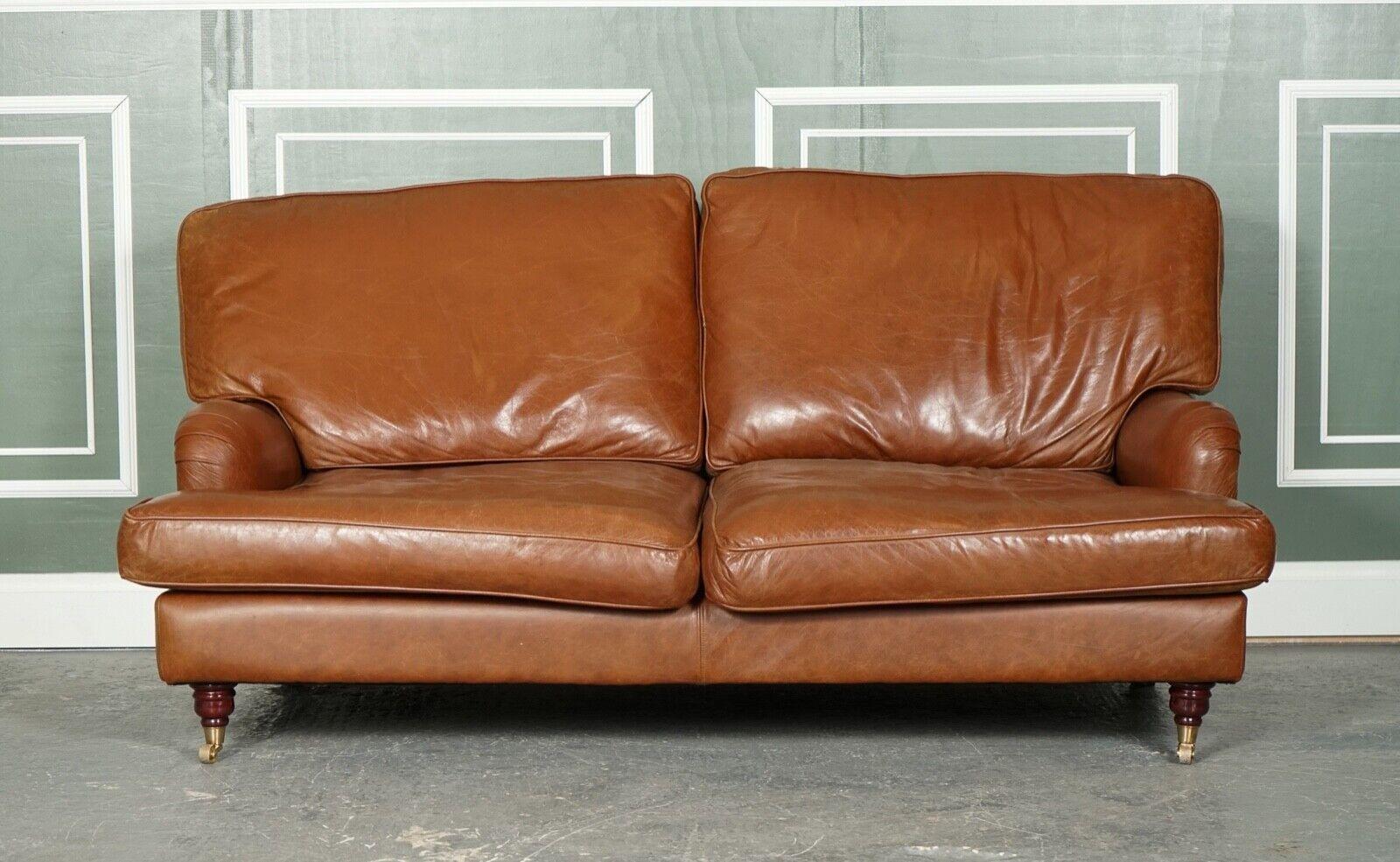 Hand-Crafted Vintage Howard & Sons Style Brown Leather Two to Three Seater Sofa