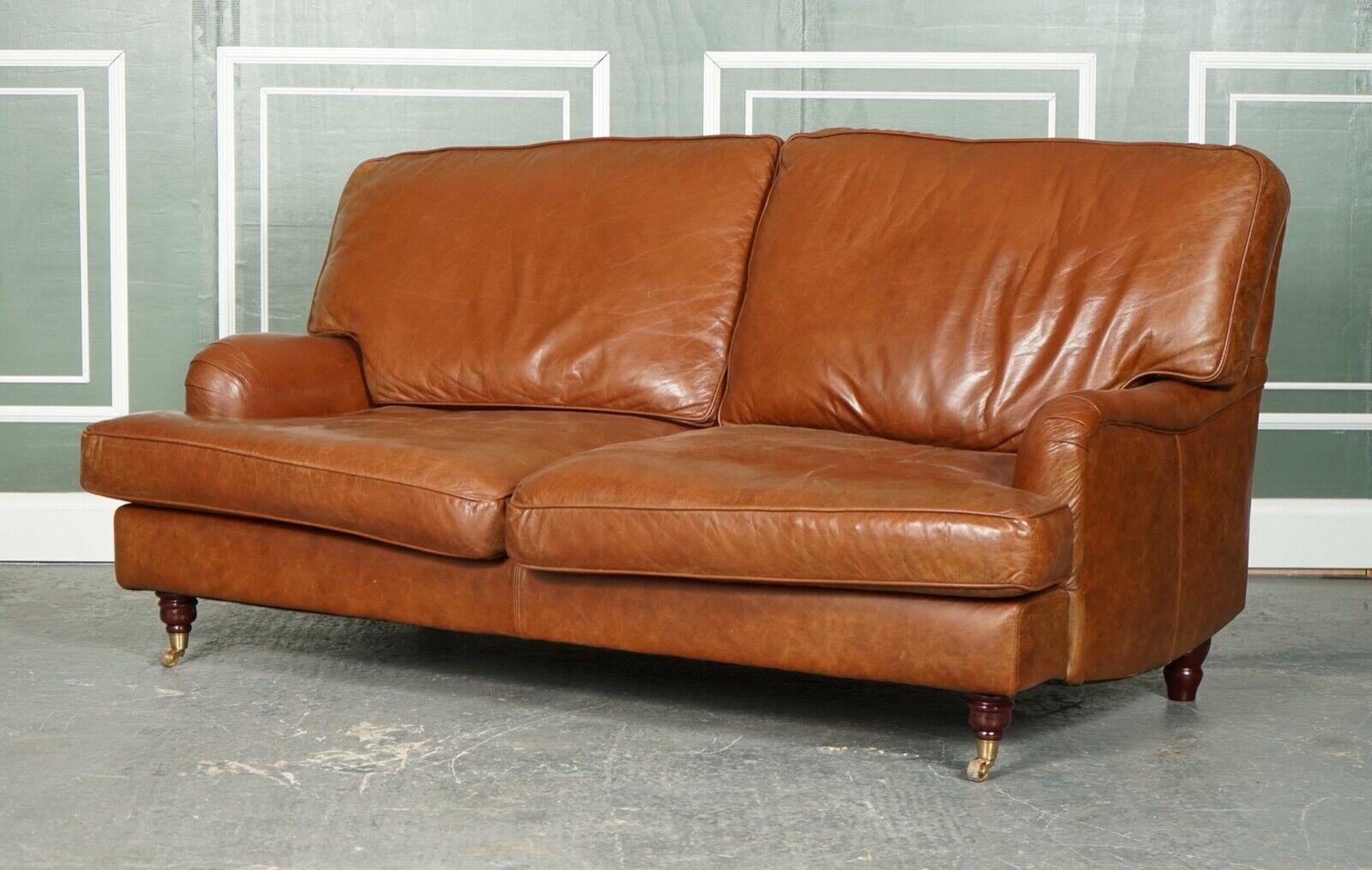 Vintage Howard & Sons Style Brown Leather Two to Three Seater Sofa 1