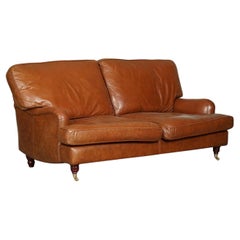 Vintage Howard & Sons Style Brown Leather Two to Three Seater Sofa