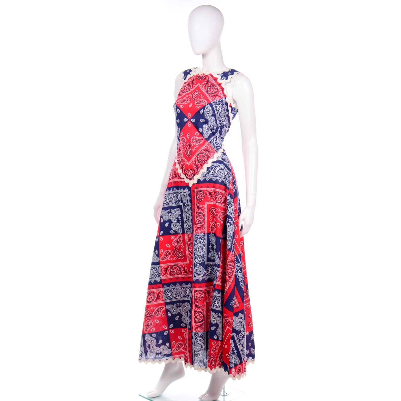 Vintage Howard Wolf Blaues & Rotes Patchwork-Kleid mit Bandana-Druck Deadstock mit Etikett (Pink)