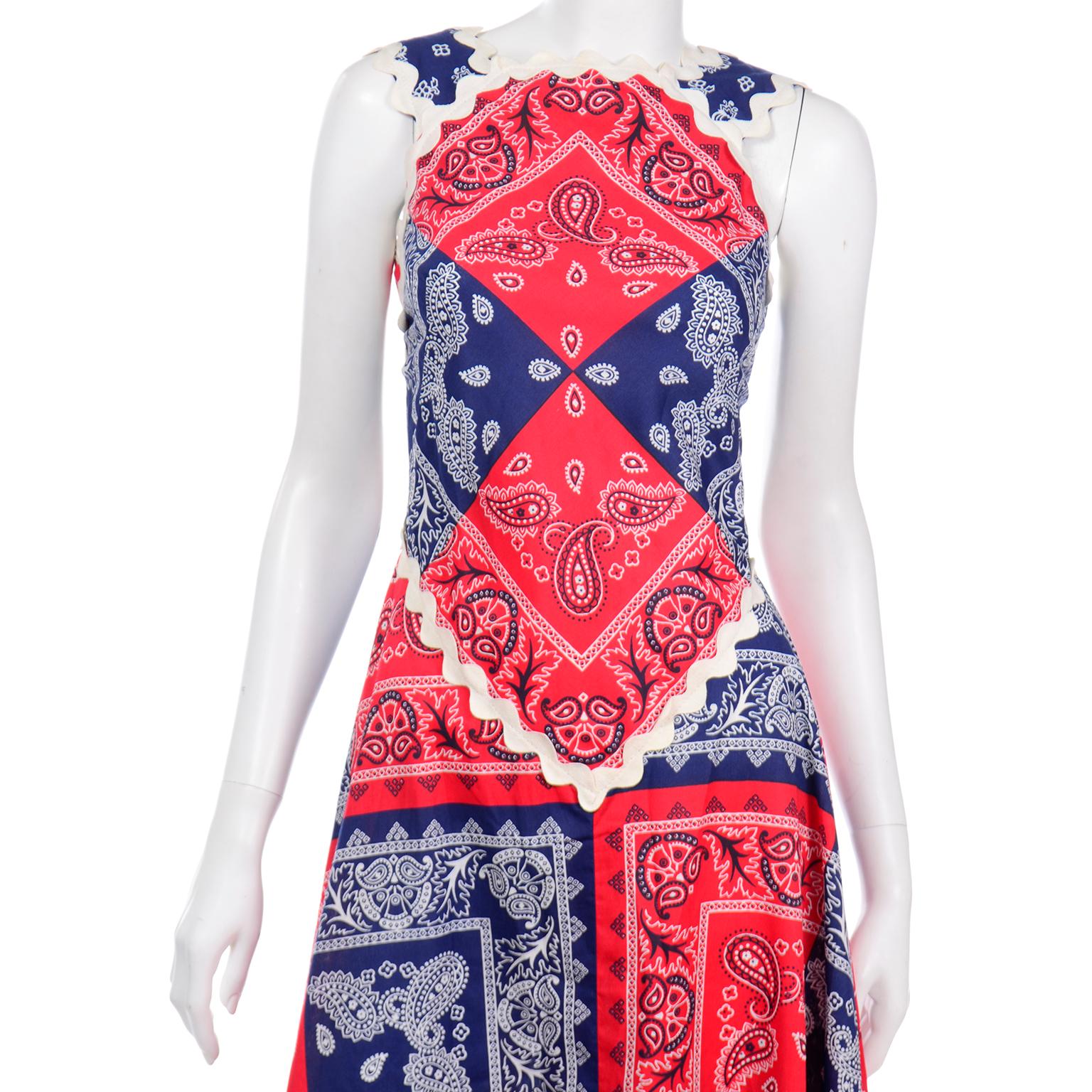 Pink Vintage Howard Wolf Blue & Red Patchwork Bandana Print Dress Deadstock w tags