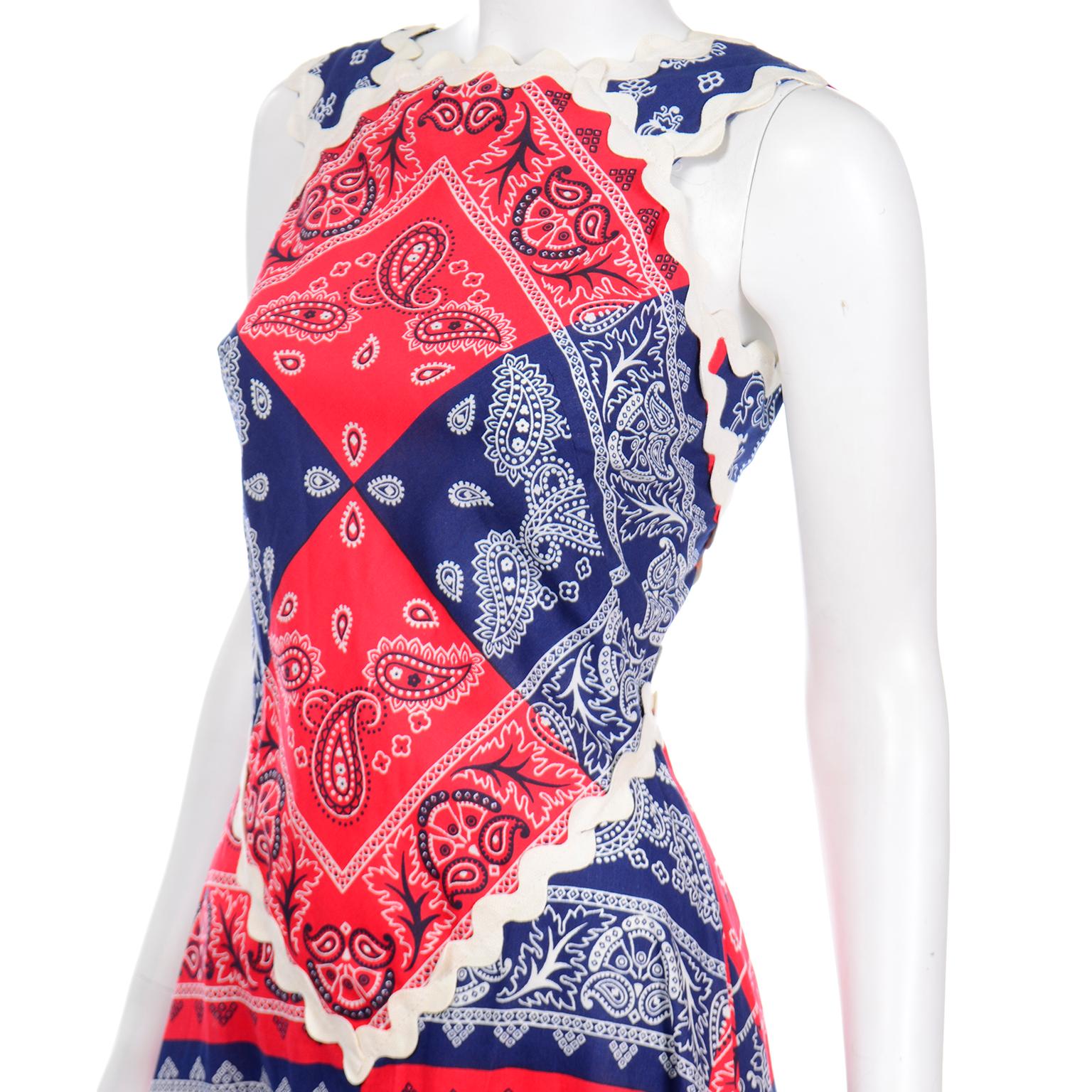Vintage Howard Wolf Blue & Red Patchwork Bandana Print Dress Deadstock w tags In New Condition In Portland, OR