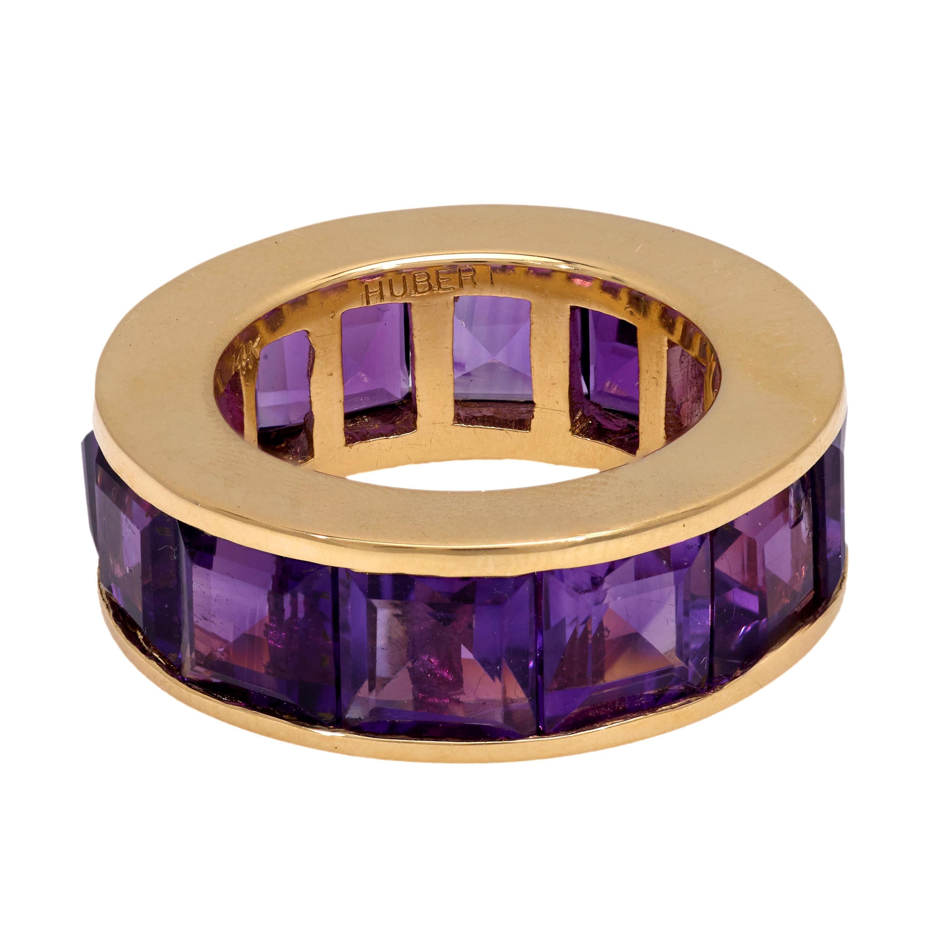 Baguette Cut Vintage Hubert 13.80 carat amethyst 14k yellow gold eternity band For Sale