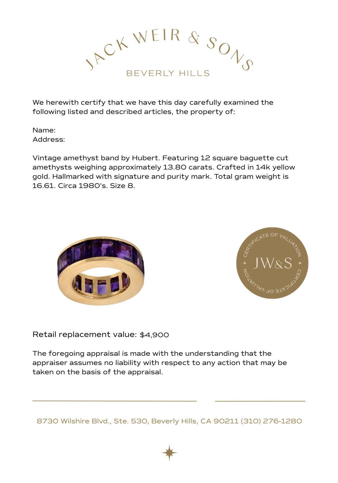 Vintage Hubert 13.80 carat amethyst 14k yellow gold eternity band In Good Condition For Sale In Beverly Hills, CA