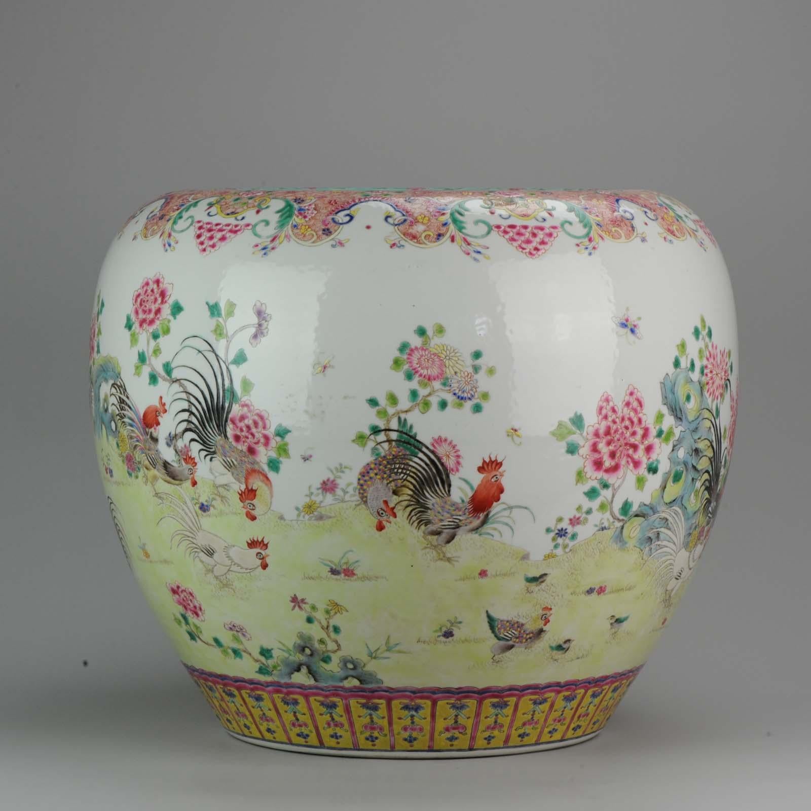 Very nice basin, high quality. A true masterpiece in our opinion with a scene of several finely painted roosters in a garden.

7-5-19-15-3

Condition
Overall condition perfect. Size: 370mm height and 430mm diameter approx.

Period
20th