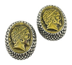 Vintage huge bronze coin silver textured designer runway clip on earrings
