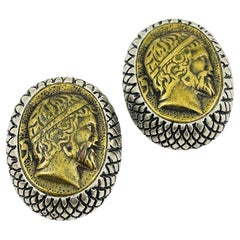 Vintage huge bronze coin silver textured designer runway clip on earrings
