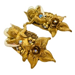 Vintage huge bronze gold cherub angel rhinestone designer clip one earrings